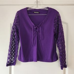 EXACT CHANGE PURPLE COTTON SHIRT WITH CROCHET SLEEVES SIZE SMALL